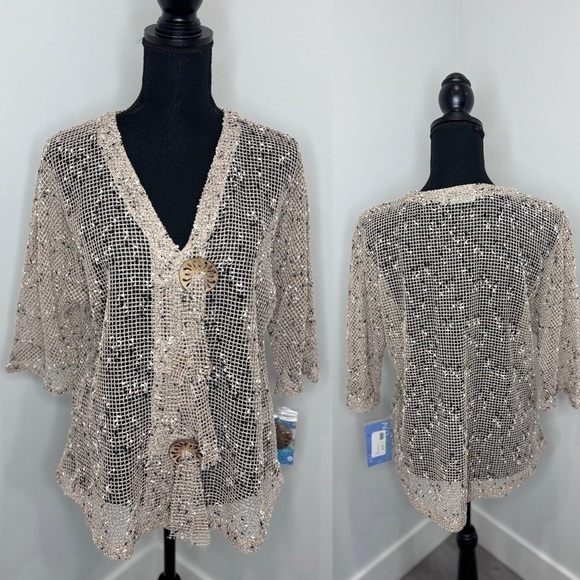 Lulu-B Knit Crocket Beige Button Up Cardigan (S) - Picture 1 of 10